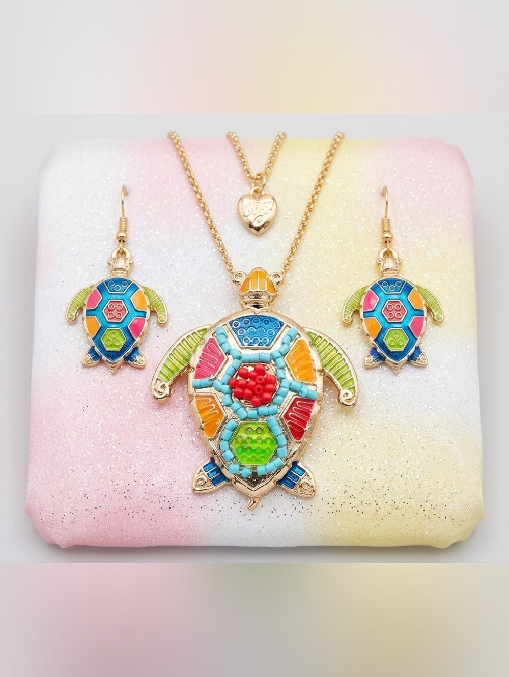 Gold plated multicolor beaded turtle necklace earrings set